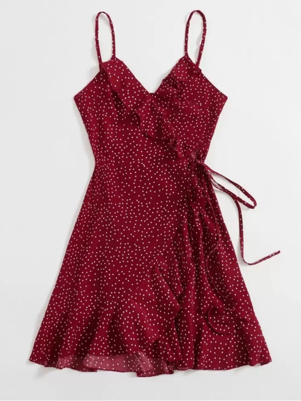 Spaghetti-Strap Burgundy Polka Dot Wrap Dress
